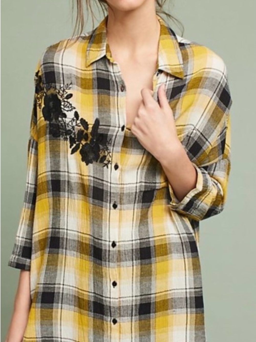 Maeve Embroidered Plaid Button Down Blouse Yellow Black White Women M/L